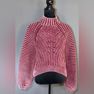 Free People Sweetheart Mock Neck Chunky Knit Acid Wash Sweater Garnet Grotto S